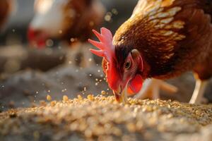 ai gegenereerd kip eet voeden en graan Bij eco kip boerderij, vrij reeks kip boerderij. foto