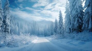 ai gegenereerd besneeuwd winter weg in een berg Woud. mooi winter landschap. foto