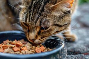 ai gegenereerd detailopname van kat aan het eten droog voedsel van schaal. foto