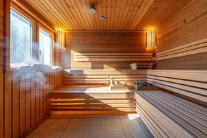 ai gegenereerd leeg Fins sauna kamer modern interieur van houten spa cabine met droog stoom. foto