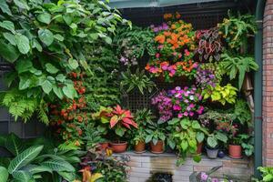 ai gegenereerd patio en balkon groen. tuinen Aan de muren foto