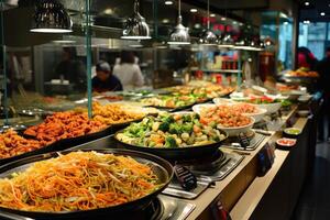 ai gegenereerd traditioneel Aziatisch voedsel verkocht in een Europese boodschappen doen winkelcentrum voedsel rechtbank foto