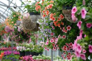 ai gegenereerd bloemen en ingemaakt planten in een serre. foto