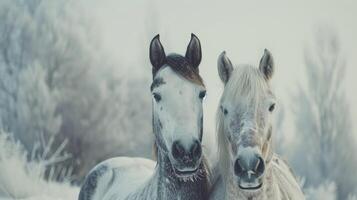 ai gegenereerd paarden in een diep besneeuwd paddock in de platteland in winter. foto