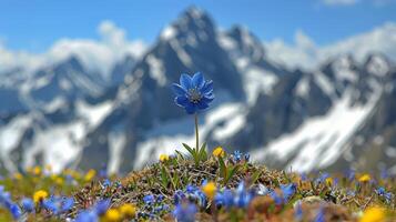 ai gegenereerd blauw bloem in veld- met bergen foto