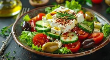 ai gegenereerd vers salade met komkommers, tomaten, olijven, en feta kaas foto