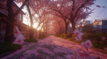 ai gegenereerd met bomen omzoomd straat met roze bloemen foto