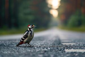 ai gegenereerd specht staand Aan de weg in de buurt Woud Bij vroeg ochtend- of avond tijd. weg gevaren, dieren in het wild en vervoer. foto