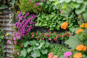 ai gegenereerd patio en balkon groen. tuinen Aan de muren foto