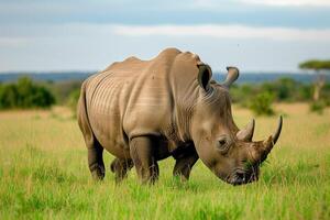 ai gegenereerd wit neushoorn begrazing in een gras veld. foto