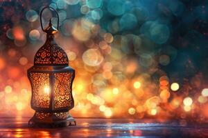 ai gegenereerd Ramadan kareem kalligrafie, sier- Arabisch lantaarn met brandend kaars gloeiend Bij nacht. groet kaart, uitnodiging voor moslim heilig maand Ramadan kareem. foto