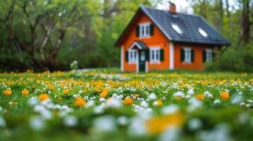 ai gegenereerd rood en blauw huis met balkon foto