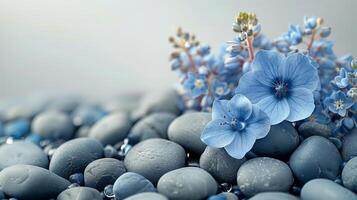 ai gegenereerd blauw bloemen Aan stapel van rotsen foto