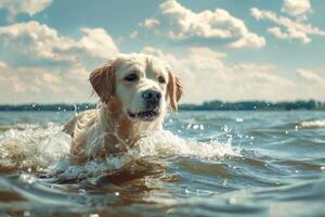 ai gegenereerd gelukkig puppy hond spelen in de water, zwemmen, genieten van vakantie vakantie Aan heet zonnig dag. foto