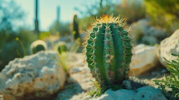 ai gegenereerd selectief focus schot van een cactus met groot stekels. foto