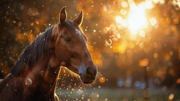 ai gegenereerd bruin paard staand in sneeuw foto