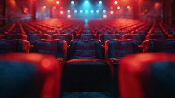 ai gegenereerd theater met rijen van stoelen en rood lichten foto