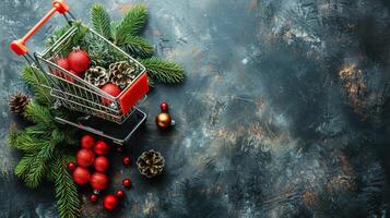 ai gegenereerd boodschappen doen kar gevulde met Kerstmis decoraties foto