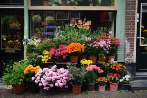 ai gegenereerd een bloem winkel, mooi kleurrijk bloemen buitenshuis. foto
