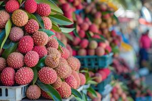 ai gegenereerd stack van lychees Aan een markt kraam. foto