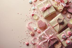 ai gegenereerd Valentijnsdag dag concept. top visie foto van geschenk dozen met lint bogen hart vormig snoepjes kaarsen