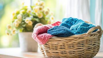 ai gegenereerd geassorteerd pastel kleur kleren netjes geregeld in een rieten mand Aan een tafel. foto