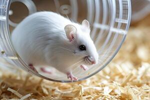 ai gegenereerd wit muis is rennen in rennen wiel voor hamsters. foto