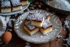 ai gegenereerd lamingtons, spons taart met chocola en kokosnoot. foto