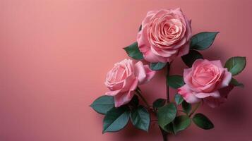 ai gegenereerd bundel van roze rozen Aan blauw houten achtergrond foto