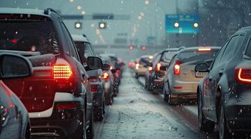 ai gegenereerd modern auto's zijn zit vast in een verkeer jam Aan een snelweg in winter. foto