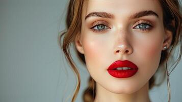 ai gegenereerd vrouw met rood lippenstift Aan gezicht foto