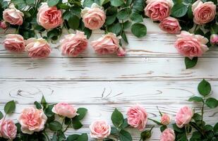 ai gegenereerd roze rozen sieren wit hek foto