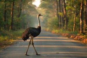 ai gegenereerd struisvogel staand Aan de weg in de buurt Woud Bij vroeg ochtend- of avond tijd. weg gevaren, dieren in het wild en vervoer. - foto