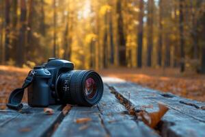 ai gegenereerd nieuw camera en lens Aan hout in Woud. foto