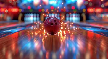 ai gegenereerd bowling bal opvallend bowling pinnen in bowling steeg foto