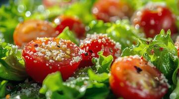 ai gegenereerd dichtbij omhoog van een salade met tomaten en sla foto