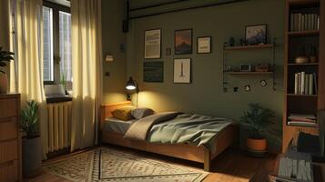 ai gegenereerd knus slaapkamer in een modern appartement, single bed, gedetailleerd, klein kamer foto