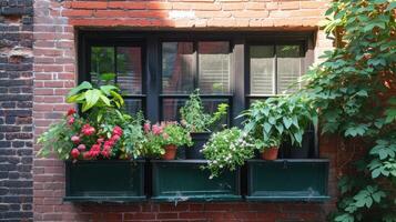 ai gegenereerd venster dozen met planten Aan de kant van een steen gebouw foto