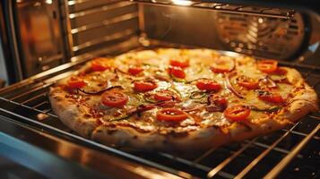 ai gegenereerd smakelijk eigengemaakt pizza Koken in een oven Bij huis. foto