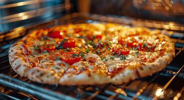 ai gegenereerd pizza Aan metaal rek in oven foto