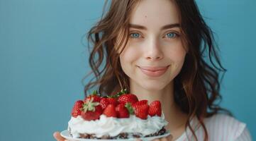 ai gegenereerd vrouw Holding taart met aardbeien foto