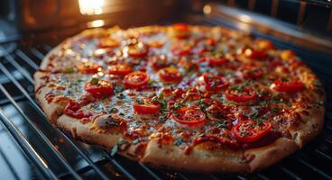 ai gegenereerd pizza Aan metaal rek in oven foto