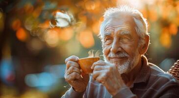 ai gegenereerd ouderen Mens drinken koffie foto