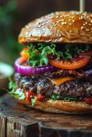 ai gegenereerd Hamburger met vlees en groenten Aan houten bord foto