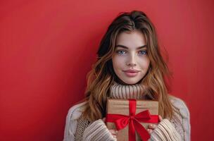 ai gegenereerd vrouw Holding rood geschenk doos foto