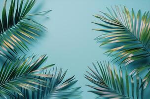 ai gegenereerd groep van palm bladeren tegen blauw achtergrond foto