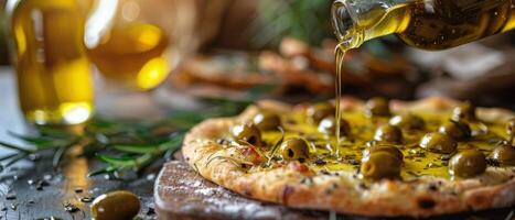ai gegenereerd olijven wezen gemotregend op pizza foto