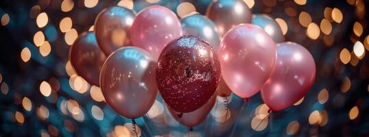 ai gegenereerd rij van roze en goud ballonnen drijvend in de lucht foto