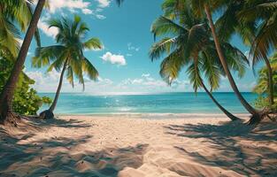 ai gegenereerd zanderig strand met palm bomen en oceaan foto