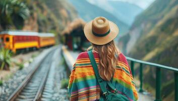 ai gegenereerd vrouw met hoed op zoek Bij trein foto